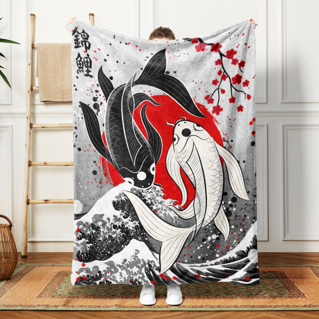 Yin Yang Floral Asian Plush Throw Blanket