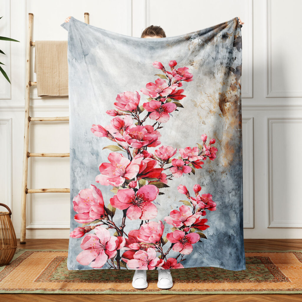 Sakura Japanese Floral Plush Throw Blanket